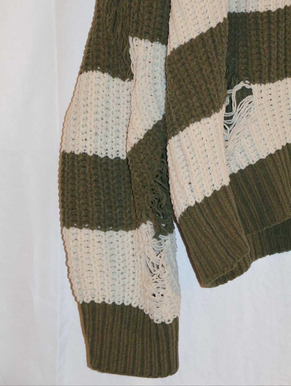 POL Olive Green and Cream Distressed Striped Knit Sweater. - Picture 4 of 13